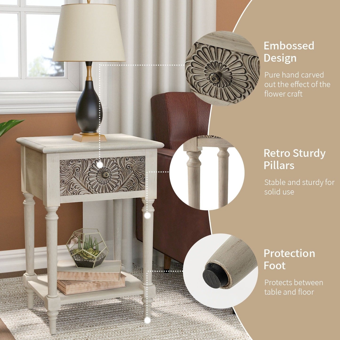 Comodino in legno massello con cassetti e motivo marrone vintage COSIEST