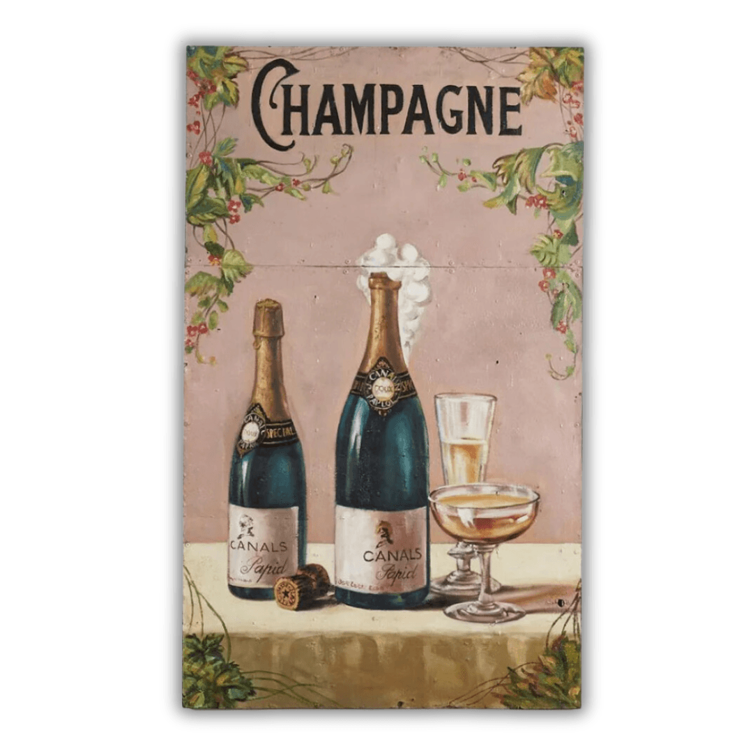 Decorazione murale in metallo con pittura a olio e brindisi con champagne