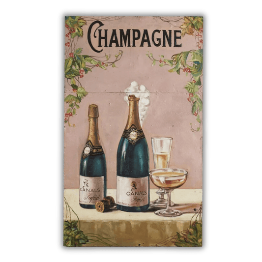 Decorazione murale in metallo con pittura a olio e brindisi con champagne