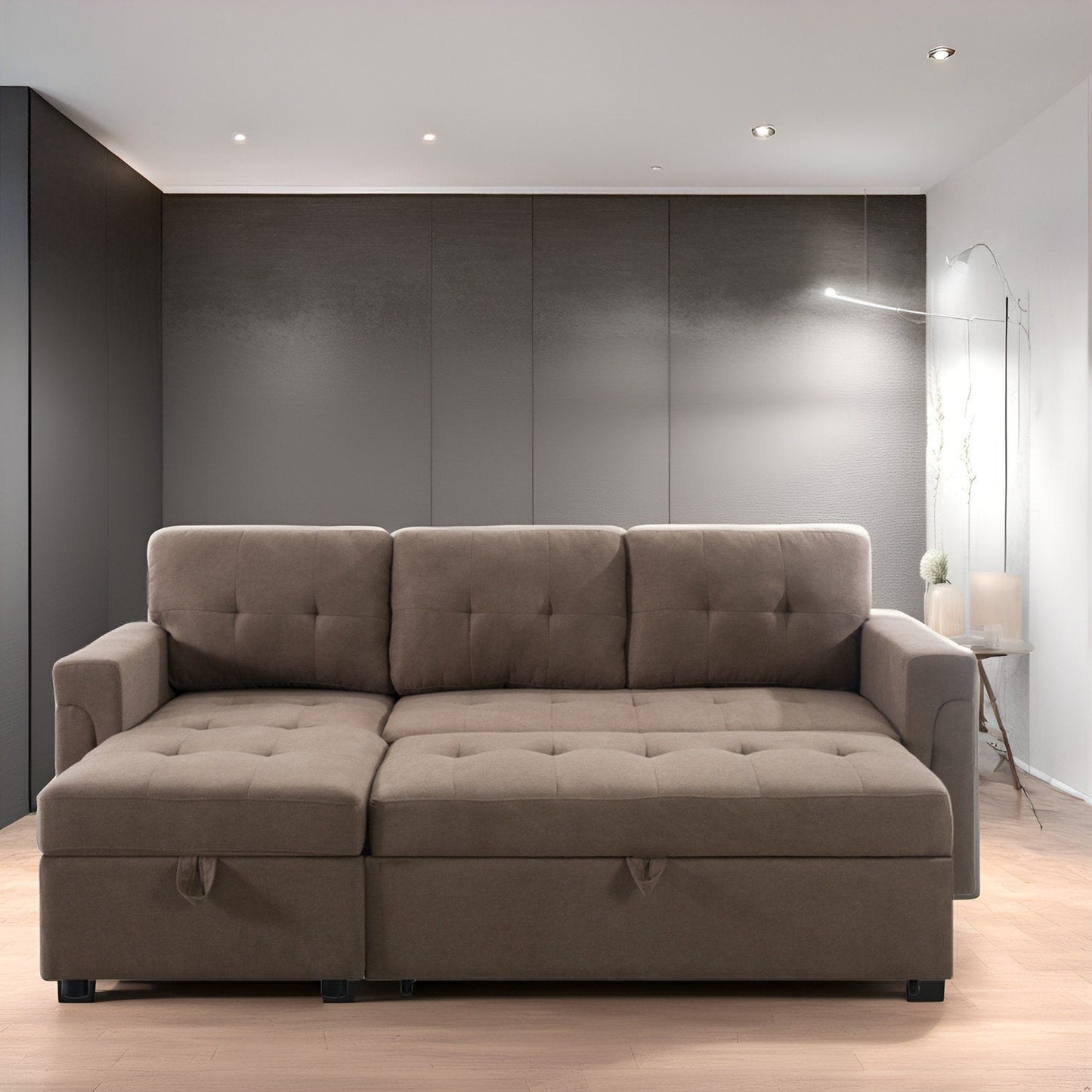 Divano componibile reversibile con letto estraibile, chaise longue con contenitore nascosto e gambe resistenti