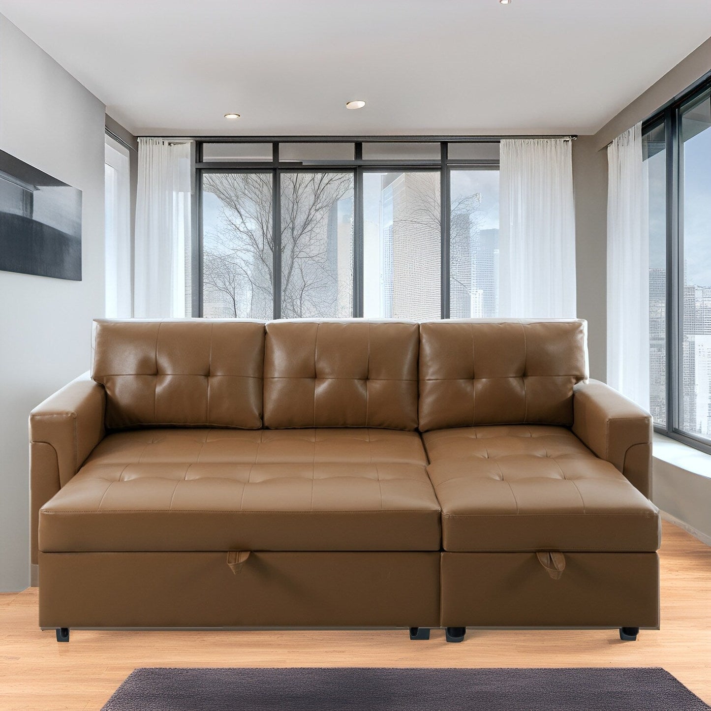 Divano componibile reversibile con letto estraibile, chaise longue con contenitore nascosto e gambe resistenti