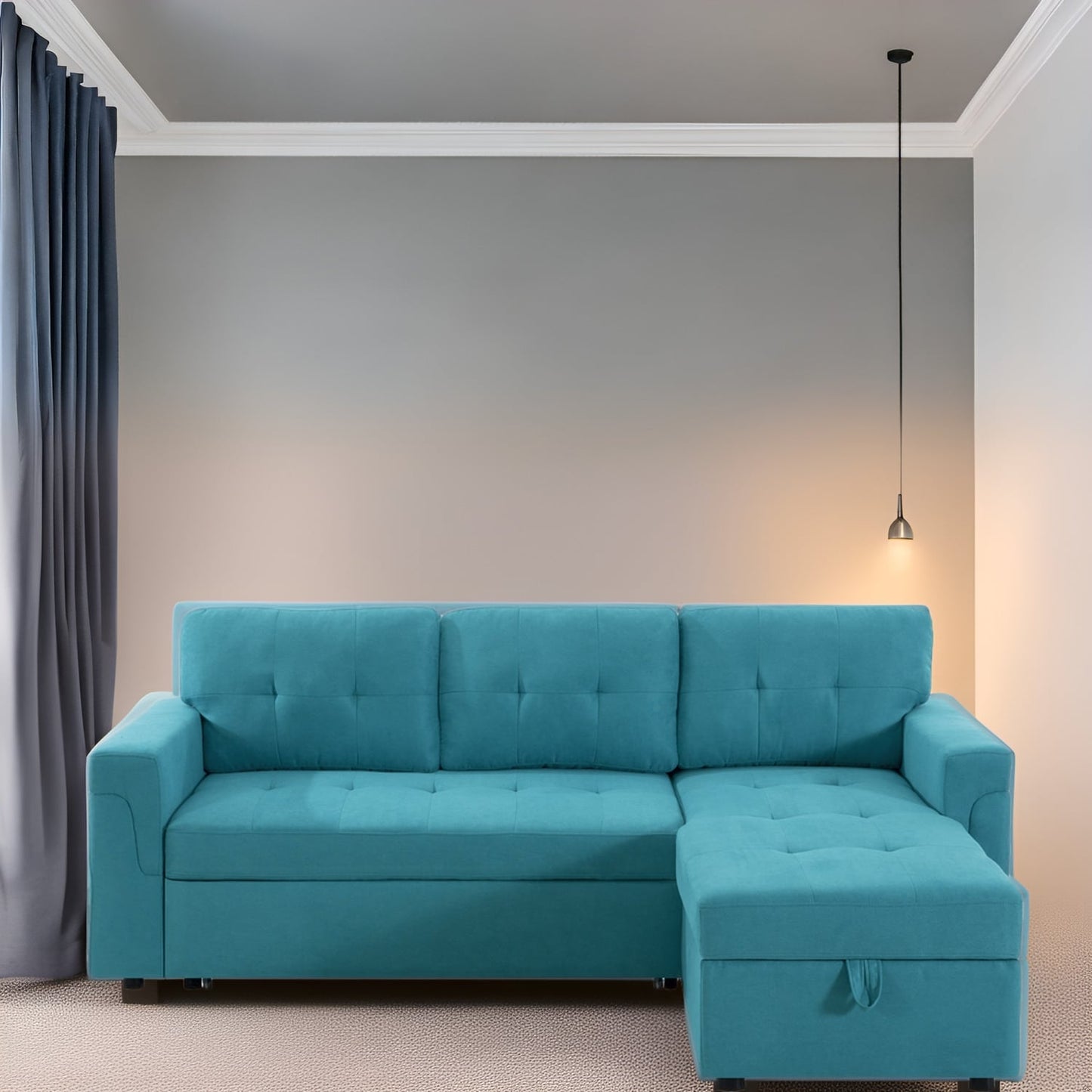 Divano componibile reversibile con letto estraibile, chaise longue con contenitore nascosto e gambe resistenti