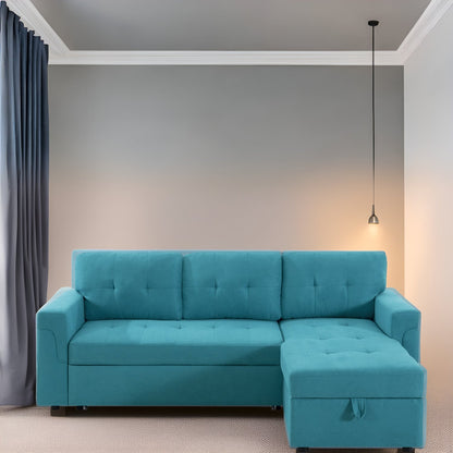 Divano componibile reversibile con letto estraibile, chaise longue con contenitore nascosto e gambe resistenti