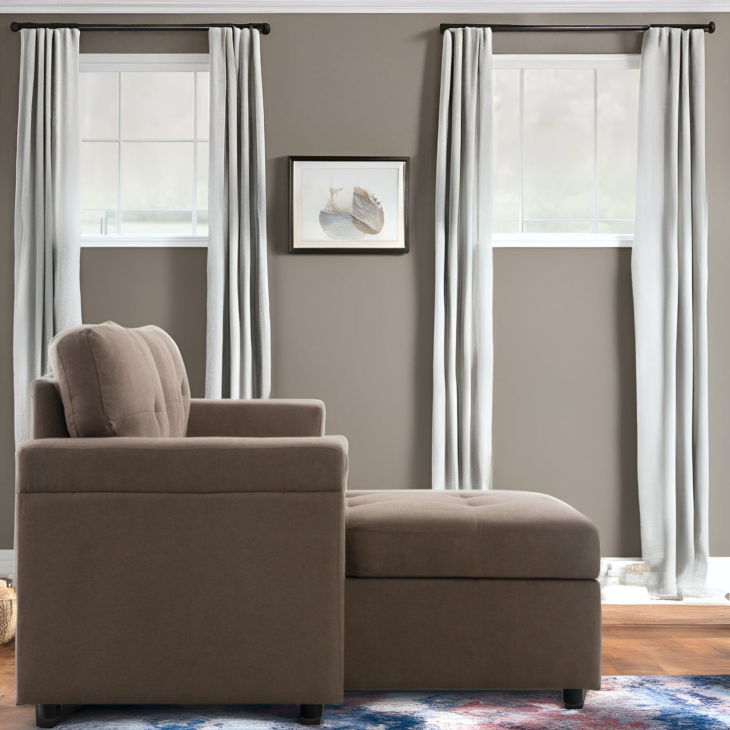 Divano componibile reversibile con letto estraibile, chaise longue con contenitore nascosto e gambe resistenti