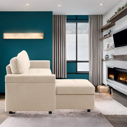 Divano componibile reversibile con letto estraibile, chaise longue con contenitore nascosto e gambe resistenti