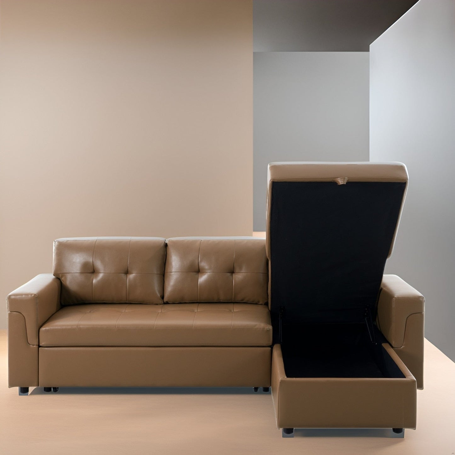 Divano componibile reversibile con letto estraibile, chaise longue con contenitore nascosto e gambe resistenti