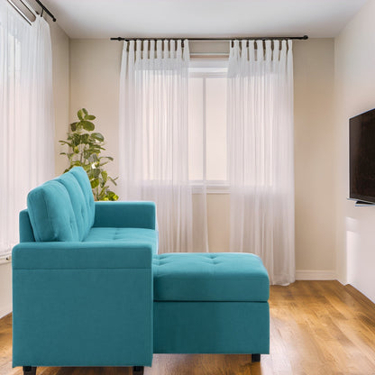 Divano componibile reversibile con letto estraibile, chaise longue con contenitore nascosto e gambe resistenti