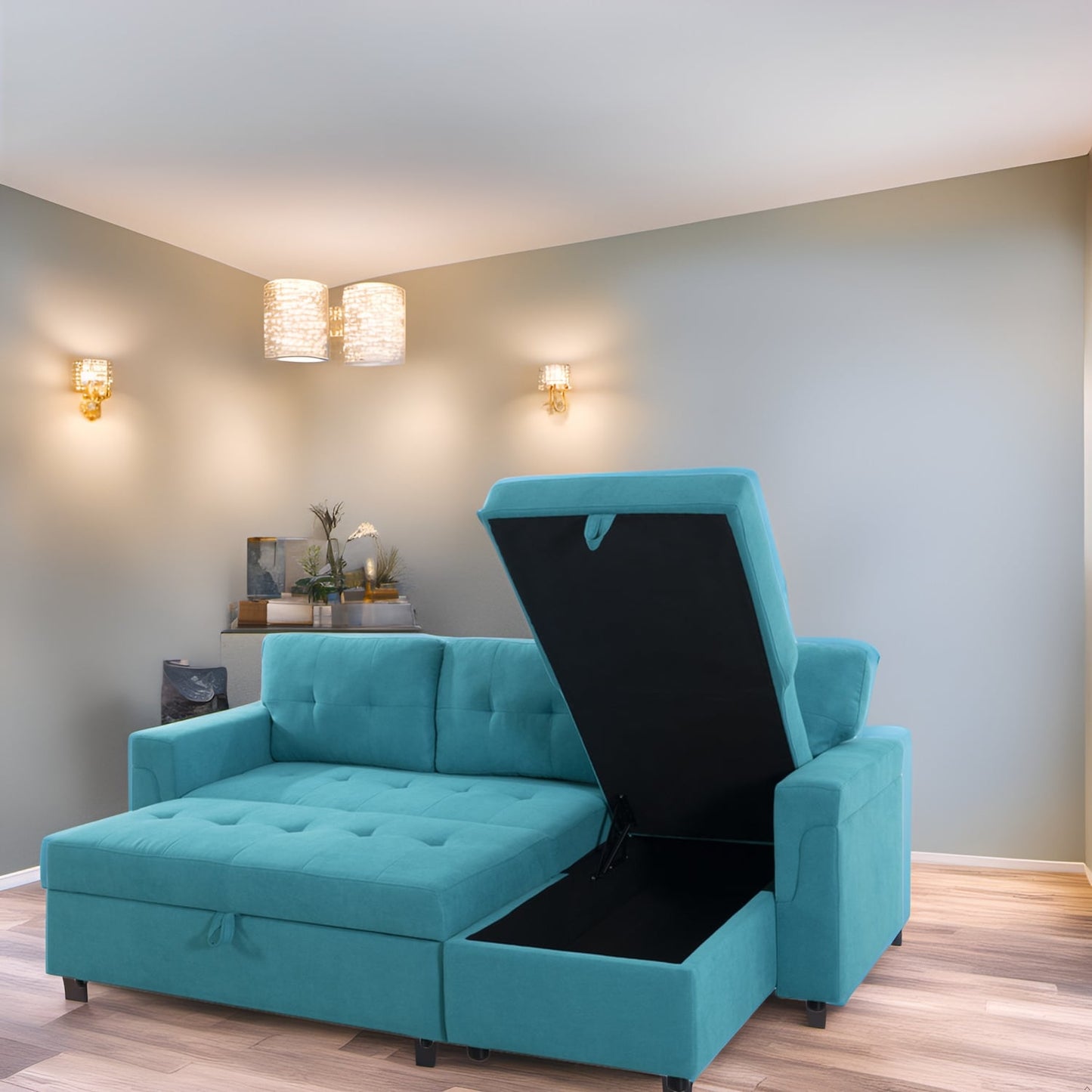 Divano componibile reversibile con letto estraibile, chaise longue con contenitore nascosto e gambe resistenti