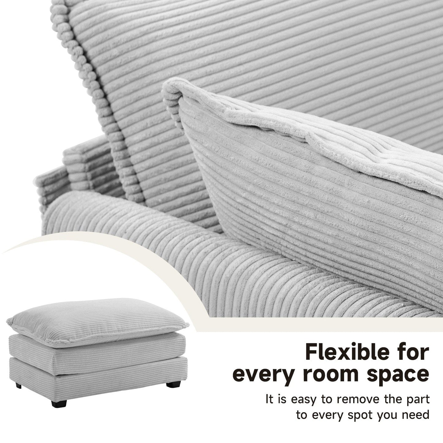 Divano componibile in velluto a coste con pouf rimovibili e cuscini ultra morbidi per soggiorno e camera da letto