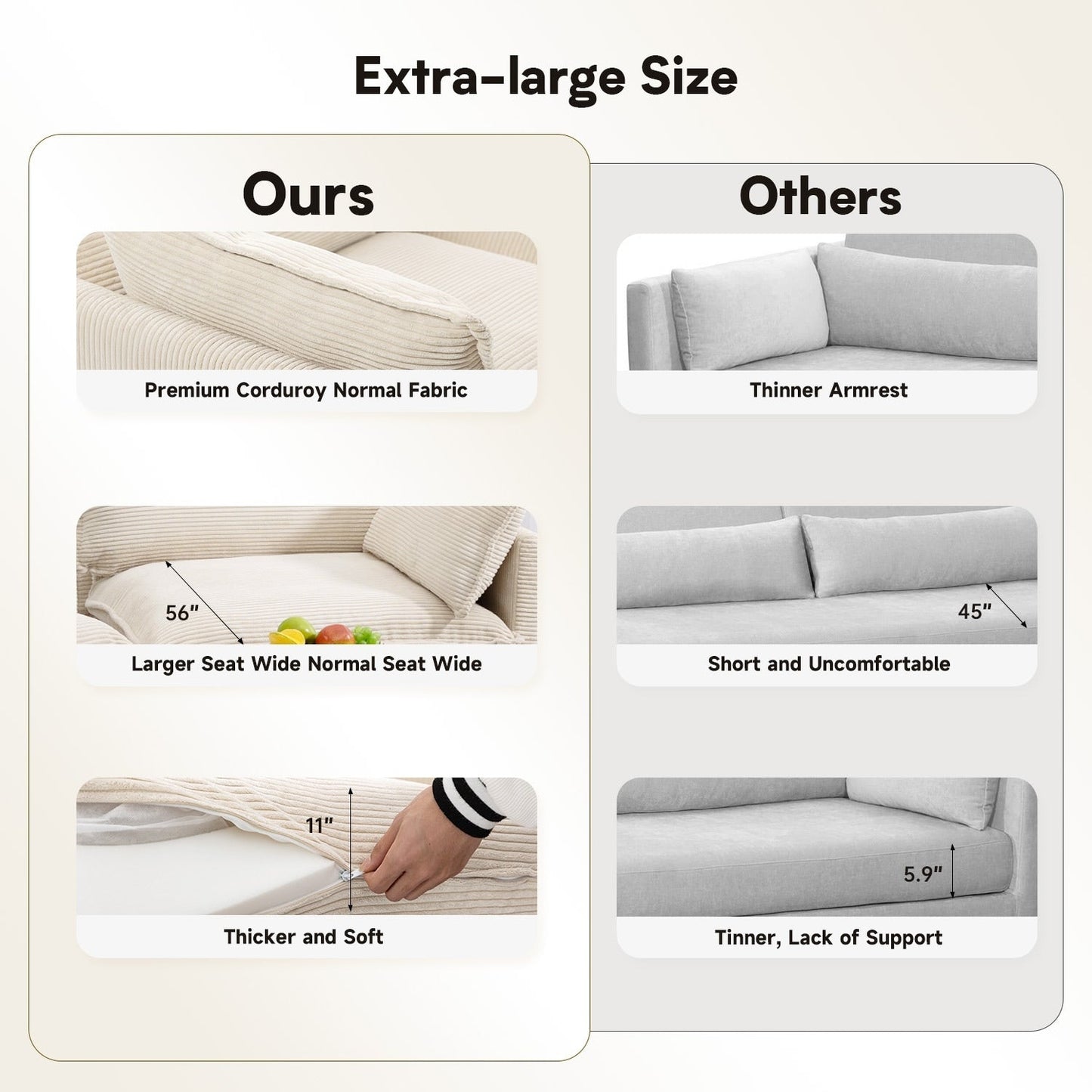 Divano componibile in velluto a coste con pouf rimovibili e cuscini ultra morbidi per soggiorno e camera da letto