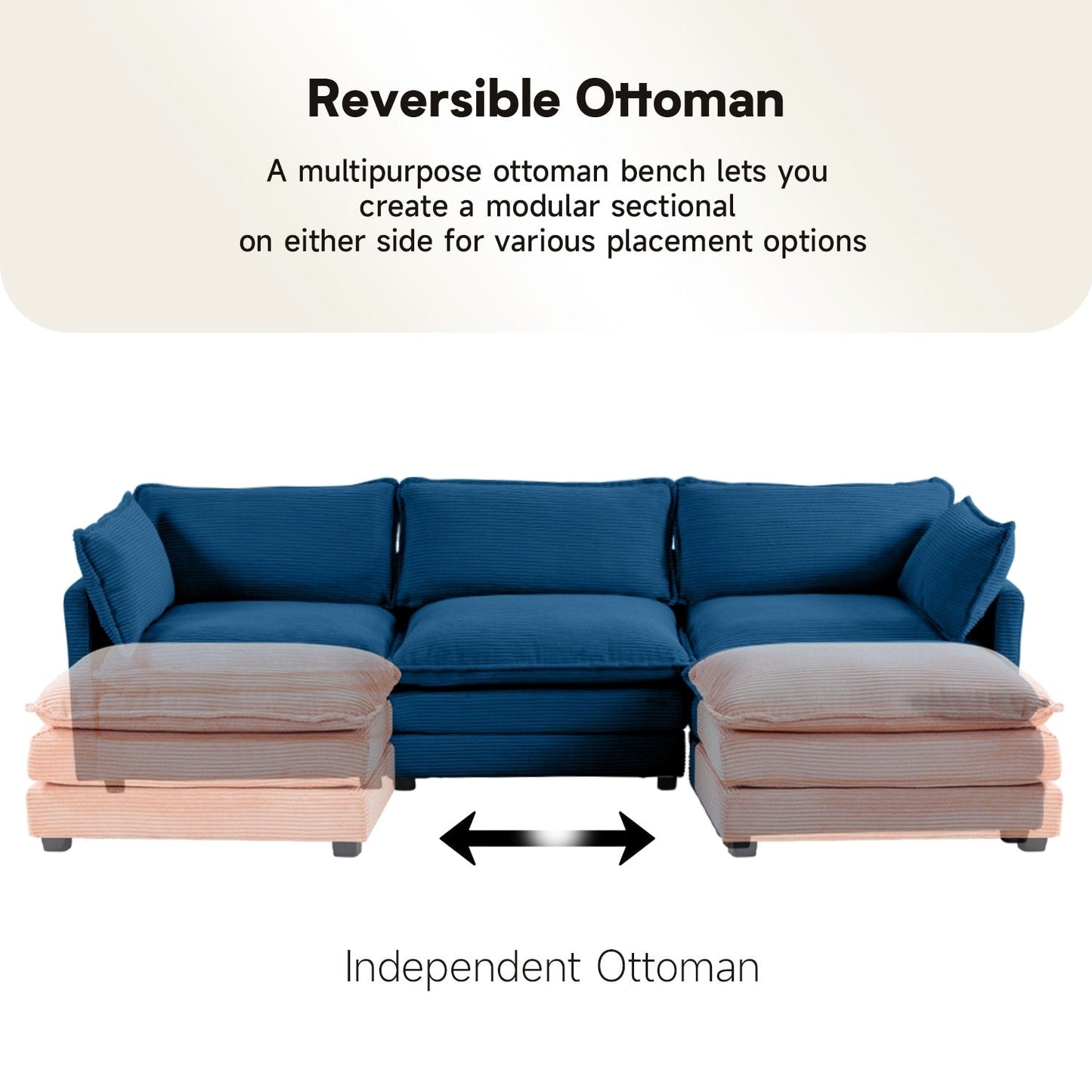 Divano componibile in velluto a coste con pouf rimovibili e cuscini ultra morbidi per soggiorno e camera da letto