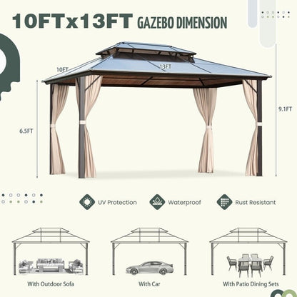 Gazebo rigido EROMMY, pergolato per esterni con doppio tetto, rete e tende, tettoia resistente per patio, cortile, feste in piscina