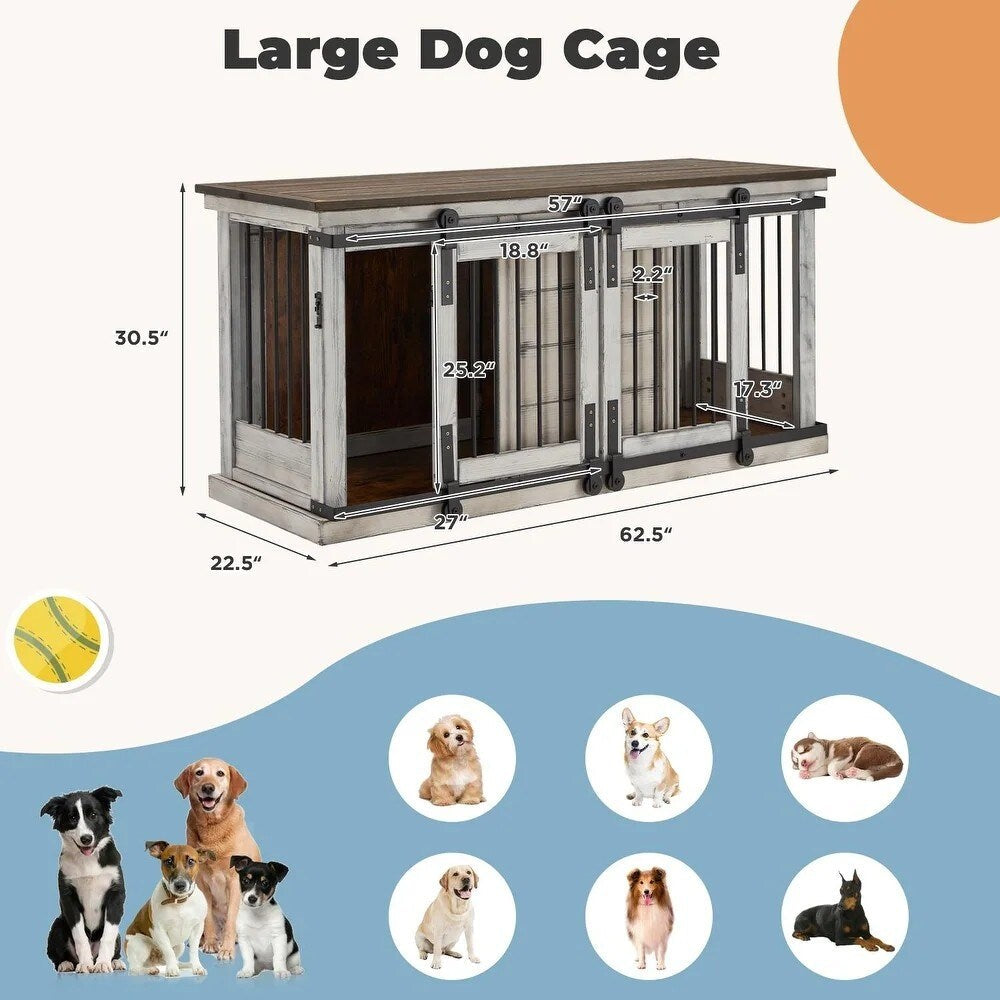 EROMMY - Cuccia per cani in legno massello, cuccia per cani da interno con mobile TV con porta scorrevole, elegante cuccia in legno, elegante gabbia per cani