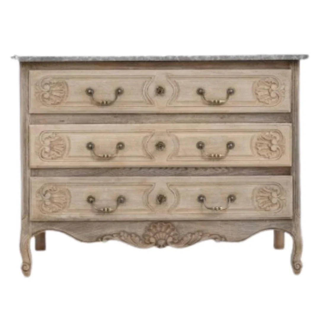 Cassettiera in rovere intagliato con piano in marmo grigio, circa 1920