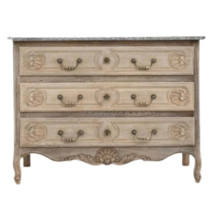 Cassettiera in rovere intagliato con piano in marmo grigio, circa 1920