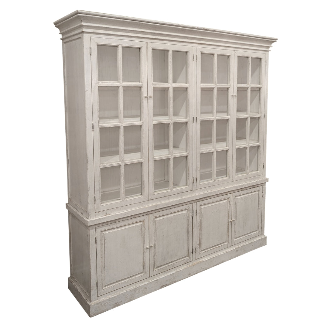 Libreria antica in stile shabby chic con ante in vetro bianco