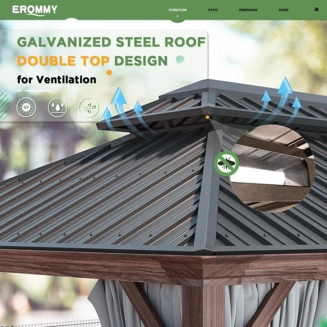 Gazebo rigido Erommy con struttura in alluminio e doppio tetto, gazebo esterno permanente con tende e rete per patio e giardino