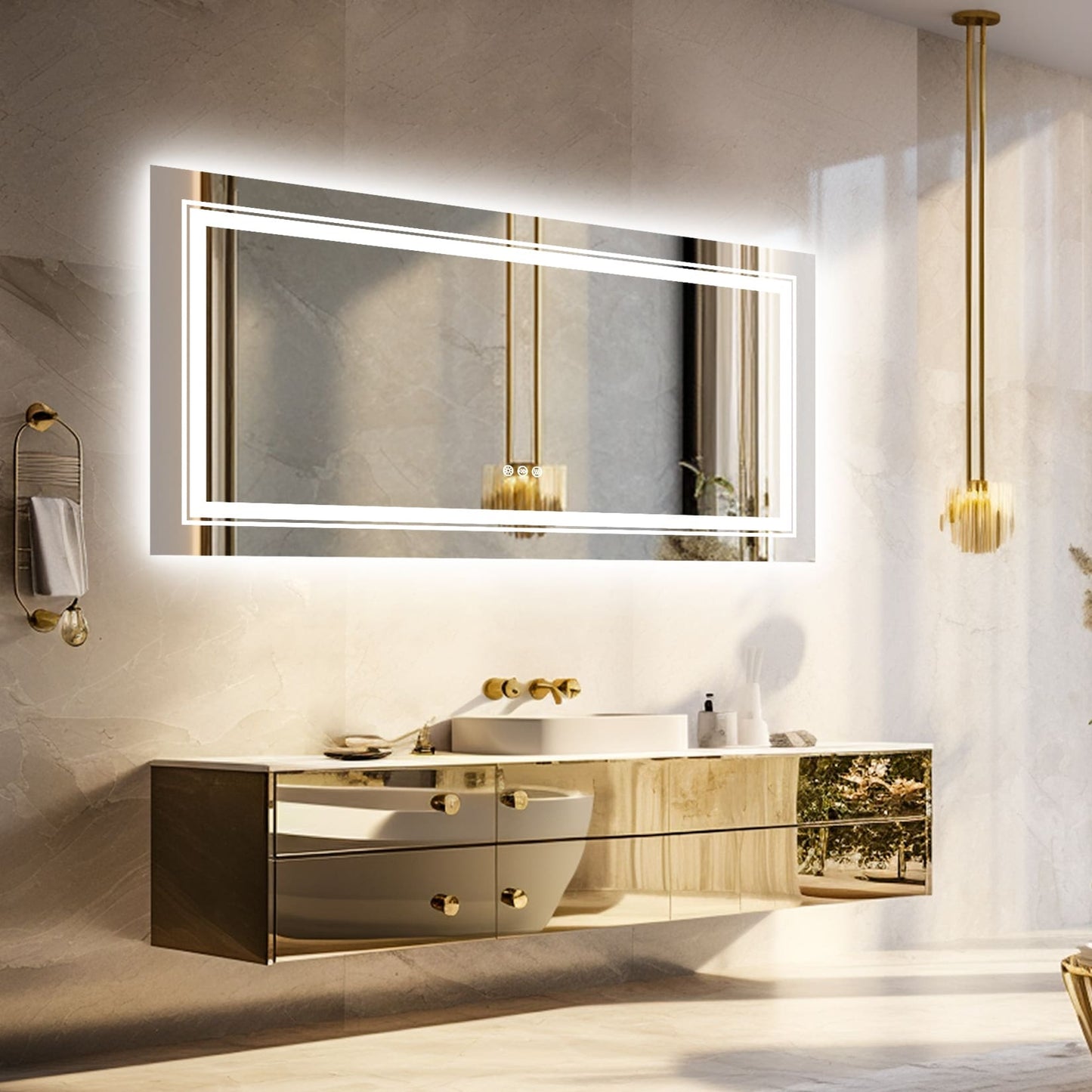 Specchio da bagno extra large con illuminazione a LED, antiappannamento, 3 colori