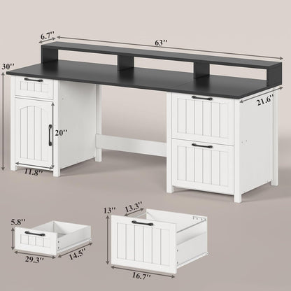 Scrivania direzionale Farmhouse Scrivania per ufficio domestico Cassetto per archivi Supporto per monitor Presa di corrente