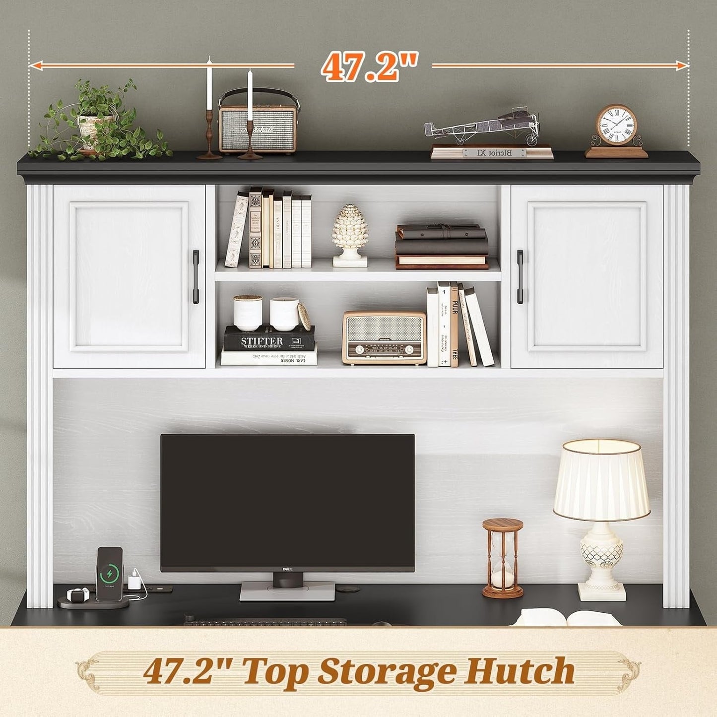 Scrivania direzionale Farmhouse Scrivania per ufficio domestico Cassetto per archivi Supporto per monitor Presa di corrente