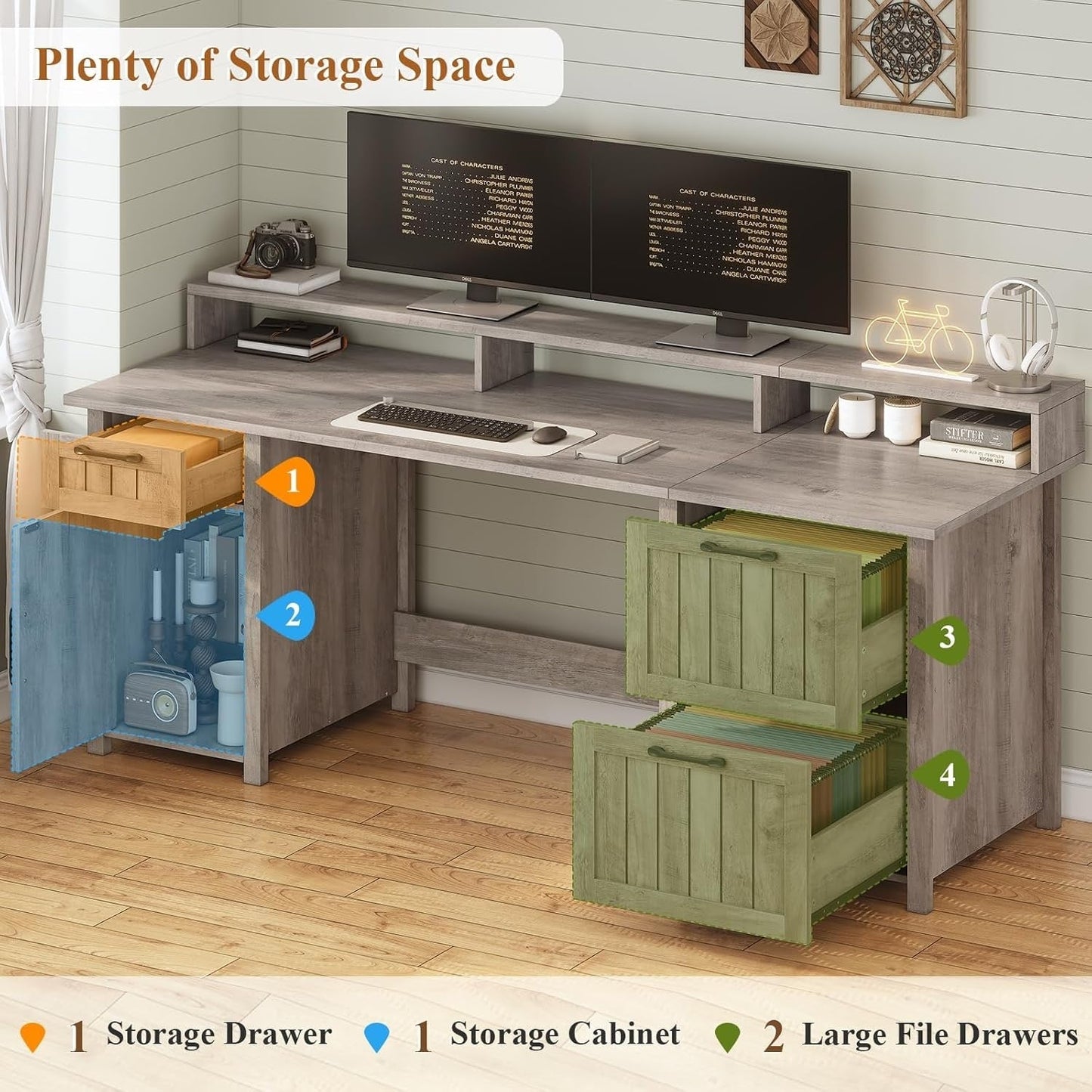 Scrivania direzionale Farmhouse Scrivania per ufficio domestico Cassetto per archivi Supporto per monitor Presa di corrente