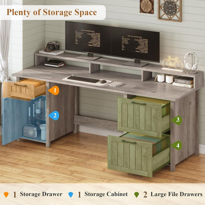Scrivania direzionale Farmhouse Scrivania per ufficio domestico Cassetto per archivi Supporto per monitor Presa di corrente