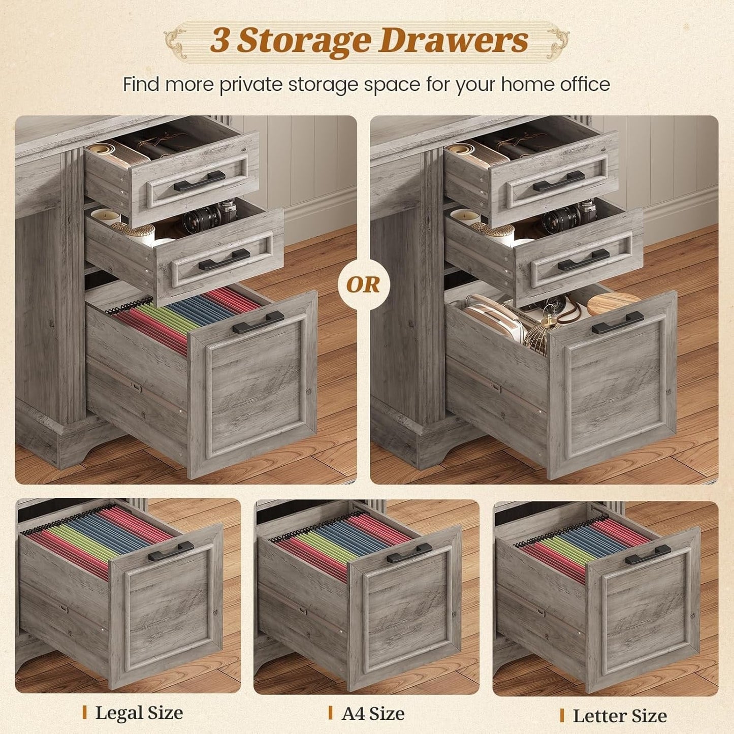 Scrivania direzionale Farmhouse Scrivania per ufficio domestico Cassetto per archivi Supporto per monitor Presa di corrente