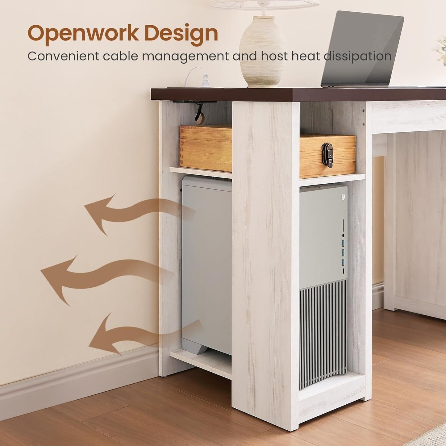 Scrivania direzionale Farmhouse Scrivania per ufficio domestico Cassetto per archivi Supporto per monitor Presa di corrente