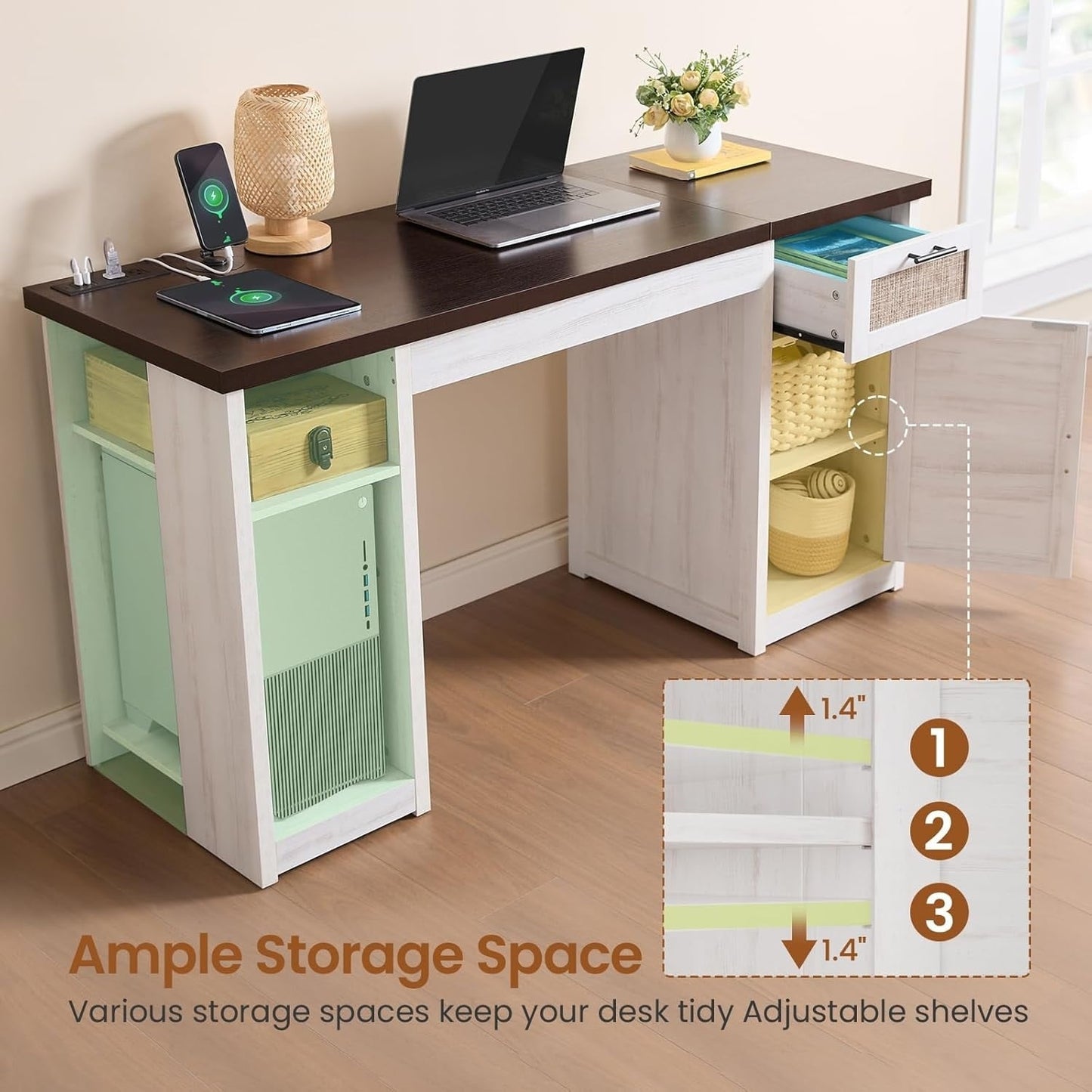 Scrivania direzionale Farmhouse Scrivania per ufficio domestico Cassetto per archivi Supporto per monitor Presa di corrente