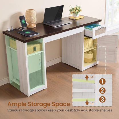 Scrivania direzionale Farmhouse Scrivania per ufficio domestico Cassetto per archivi Supporto per monitor Presa di corrente