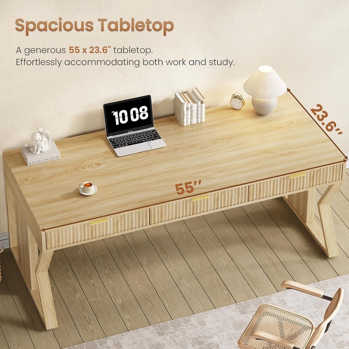 Scrivania direzionale Farmhouse Scrivania per ufficio domestico Cassetto per archivi Supporto per monitor Presa di corrente