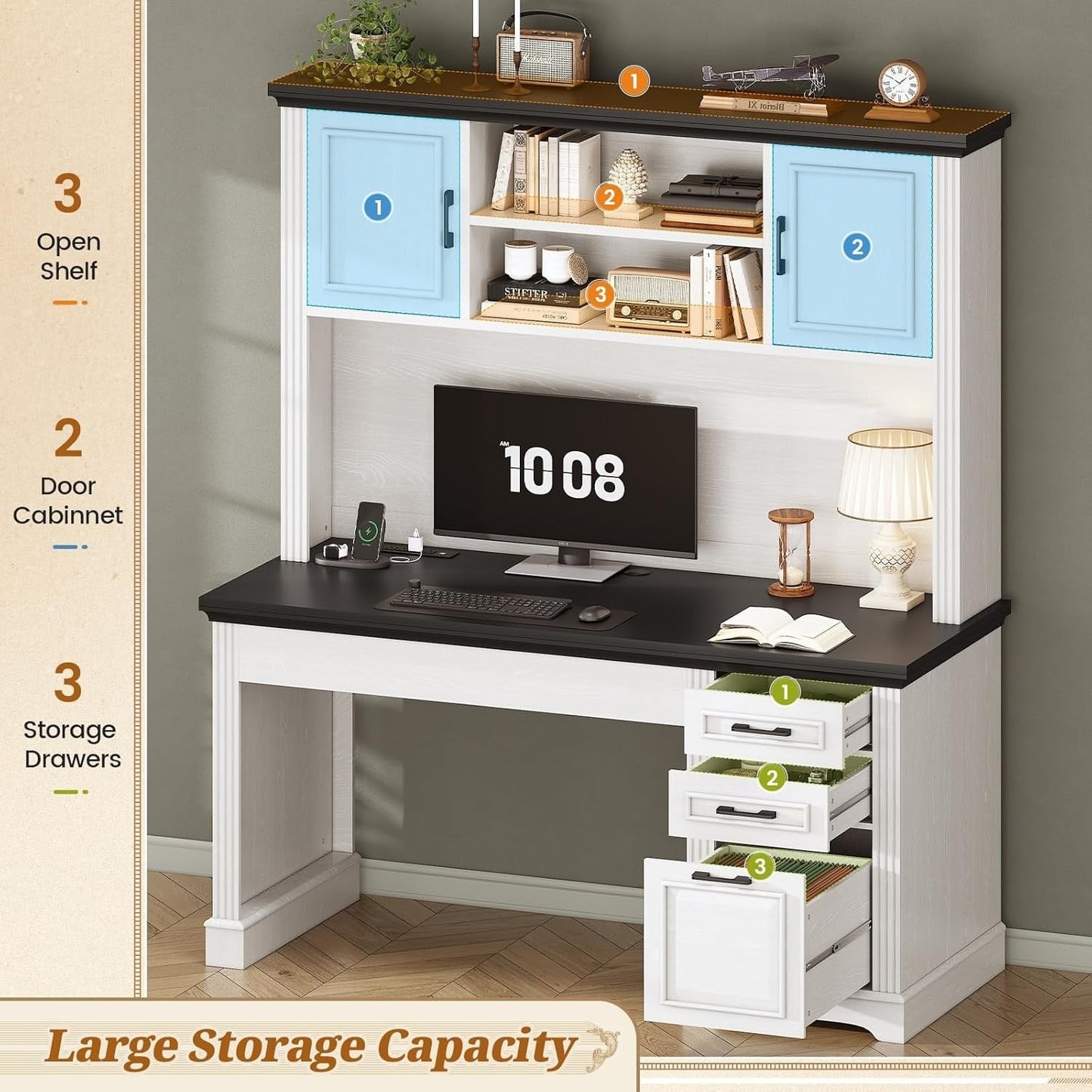 Scrivania direzionale Farmhouse Scrivania per ufficio domestico Cassetto per archivi Supporto per monitor Presa di corrente