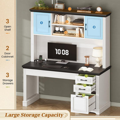 Scrivania direzionale Farmhouse Scrivania per ufficio domestico Cassetto per archivi Supporto per monitor Presa di corrente