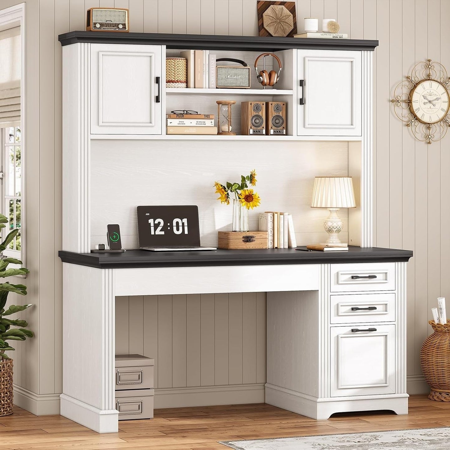 Scrivania direzionale Farmhouse Scrivania per ufficio domestico Cassetto per archivi Supporto per monitor Presa di corrente