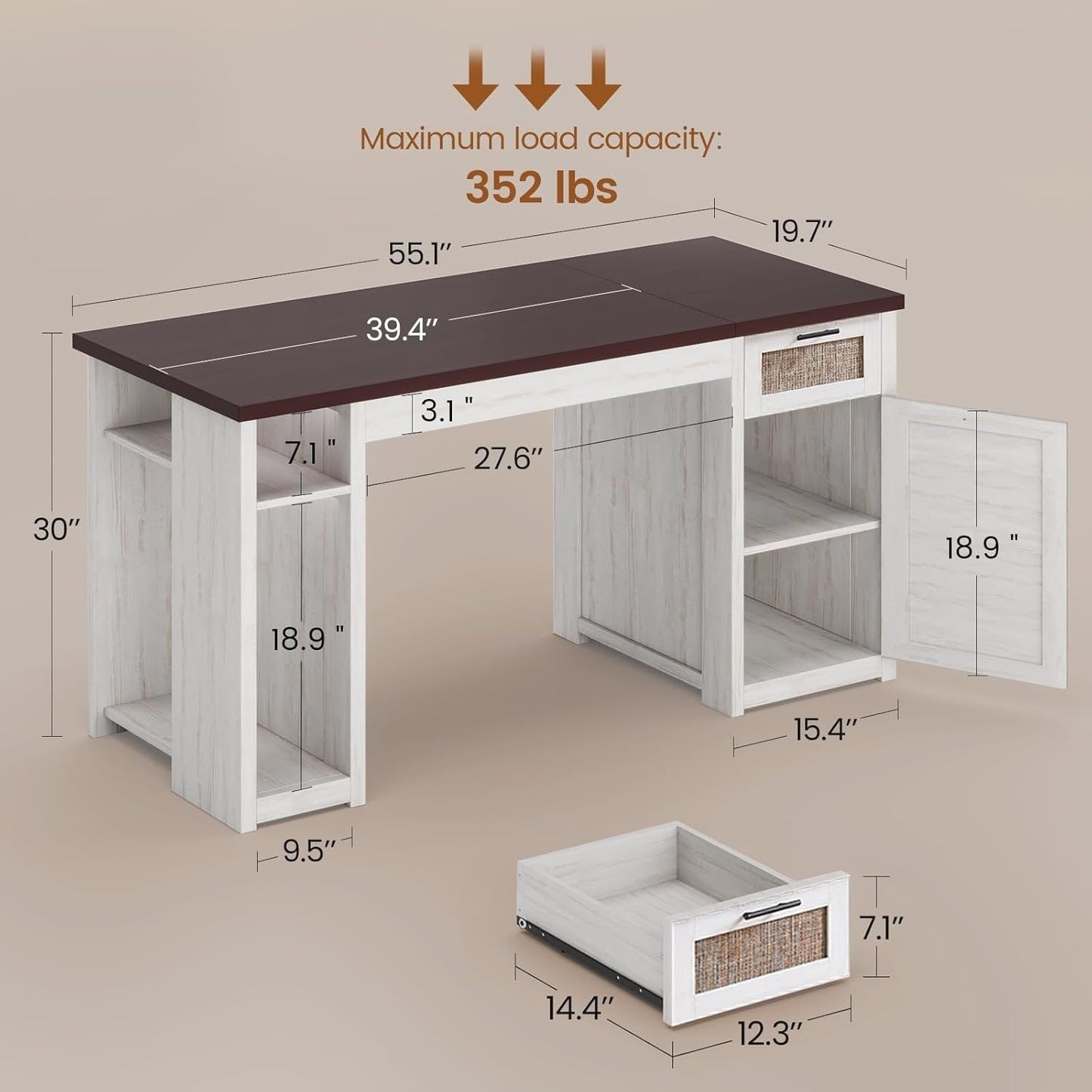 Scrivania direzionale Farmhouse Scrivania per ufficio domestico Cassetto per archivi Supporto per monitor Presa di corrente