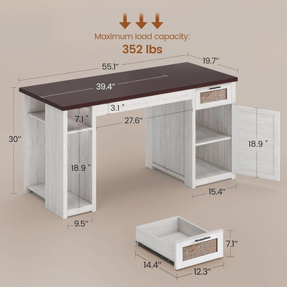 Scrivania direzionale Farmhouse Scrivania per ufficio domestico Cassetto per archivi Supporto per monitor Presa di corrente