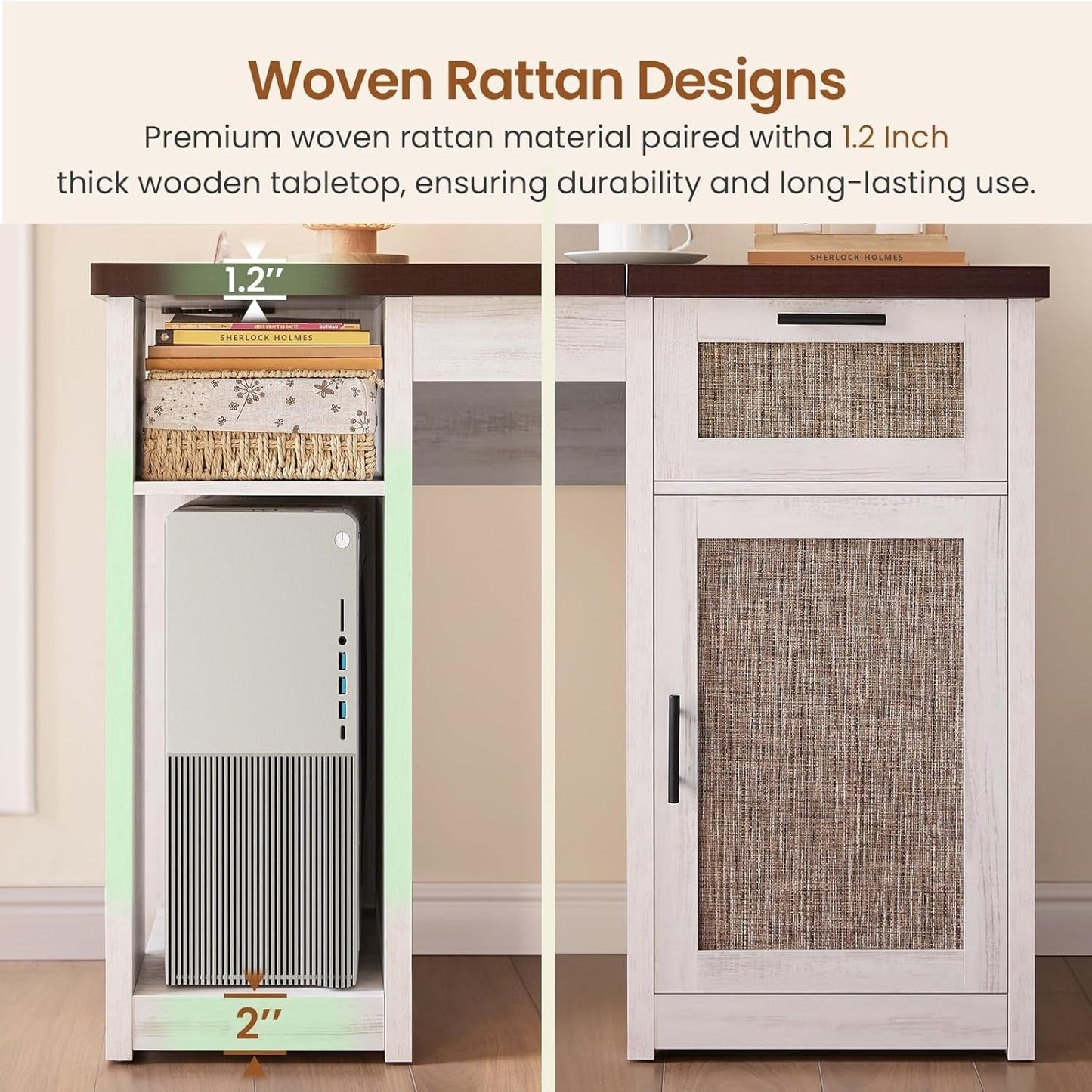 Scrivania direzionale Farmhouse Scrivania per ufficio domestico Cassetto per archivi Supporto per monitor Presa di corrente