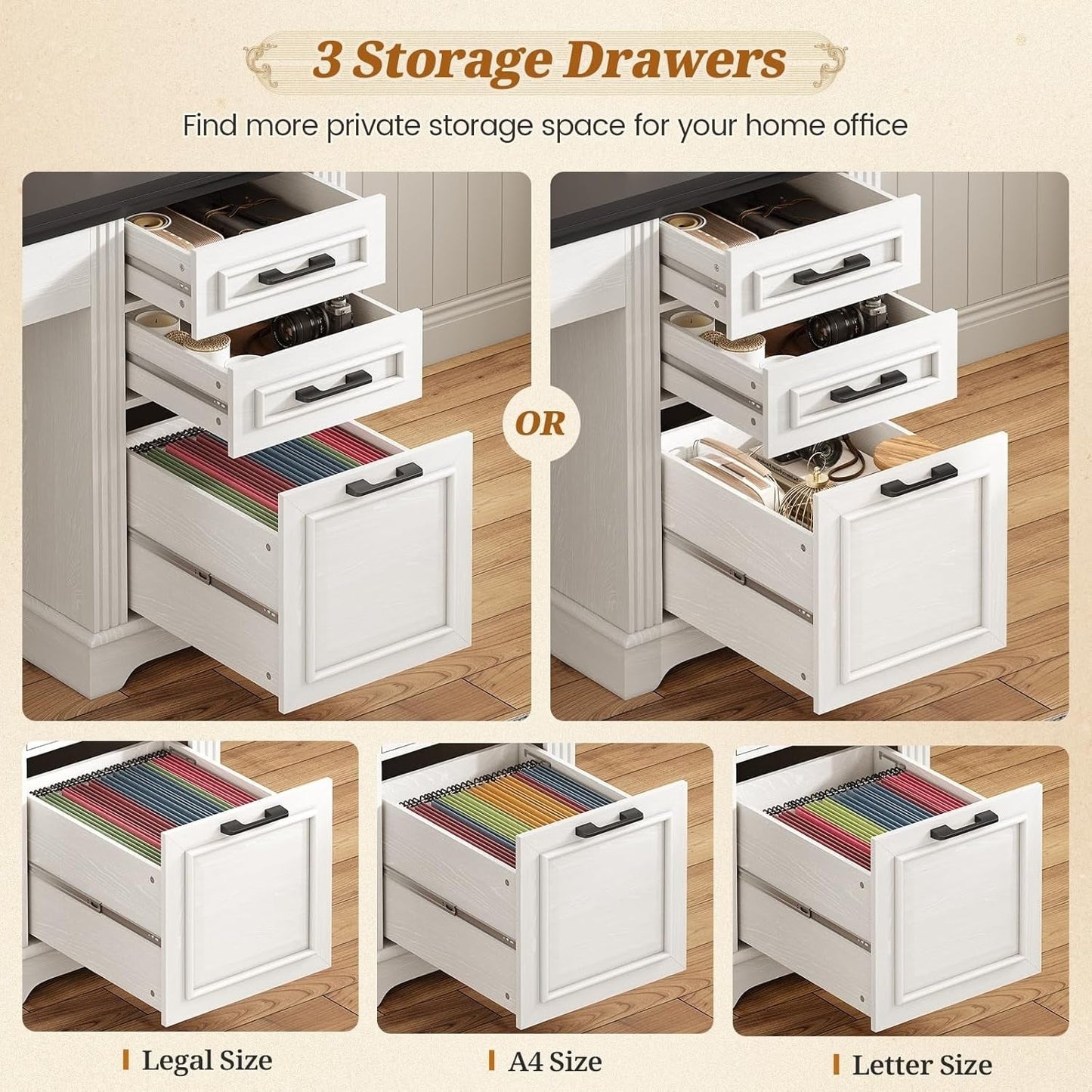 Scrivania direzionale Farmhouse Scrivania per ufficio domestico Cassetto per archivi Supporto per monitor Presa di corrente