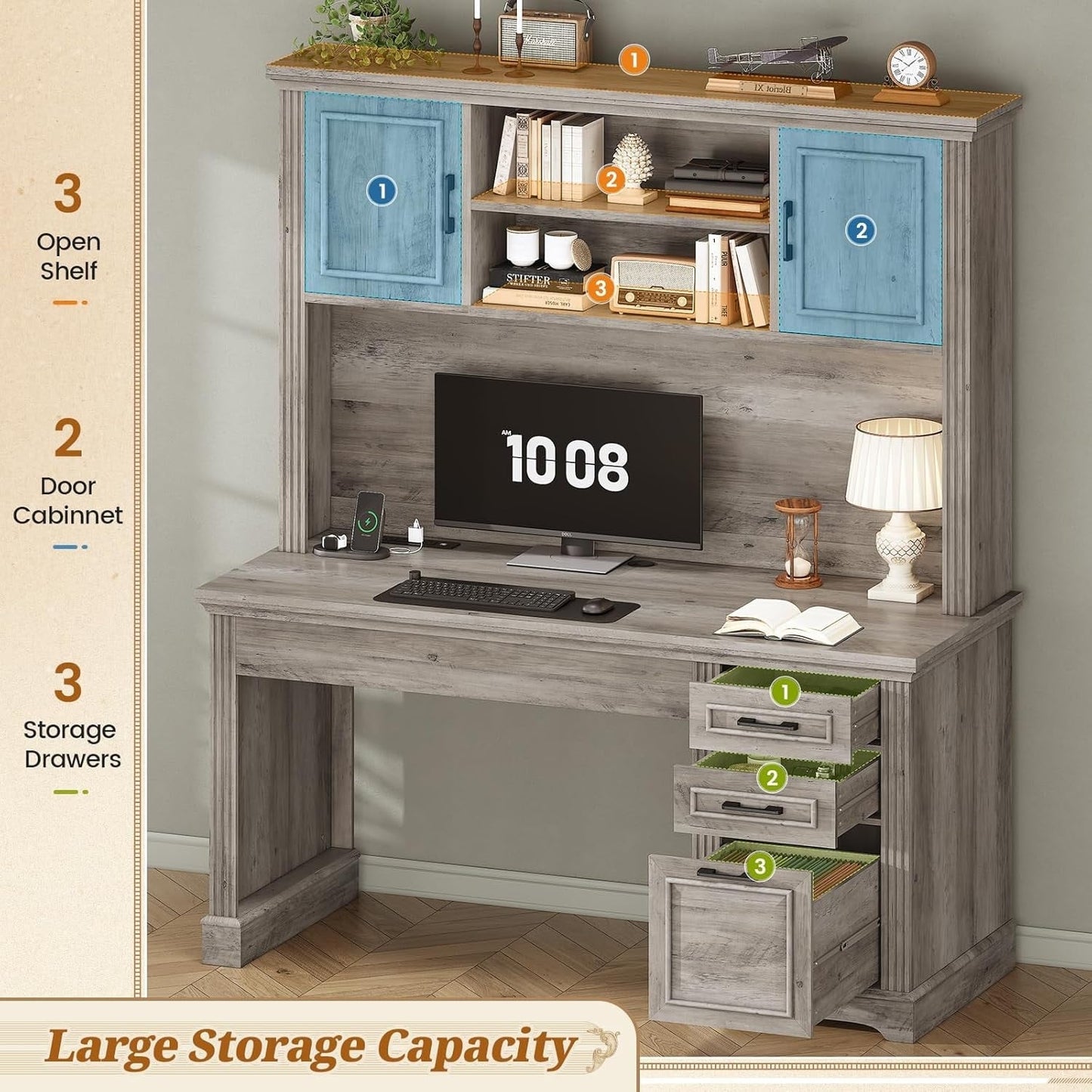 Scrivania direzionale Farmhouse Scrivania per ufficio domestico Cassetto per archivi Supporto per monitor Presa di corrente