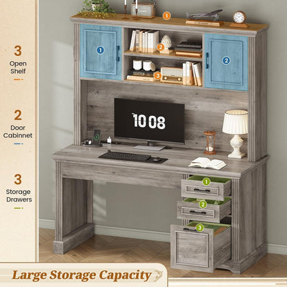 Scrivania direzionale Farmhouse Scrivania per ufficio domestico Cassetto per archivi Supporto per monitor Presa di corrente