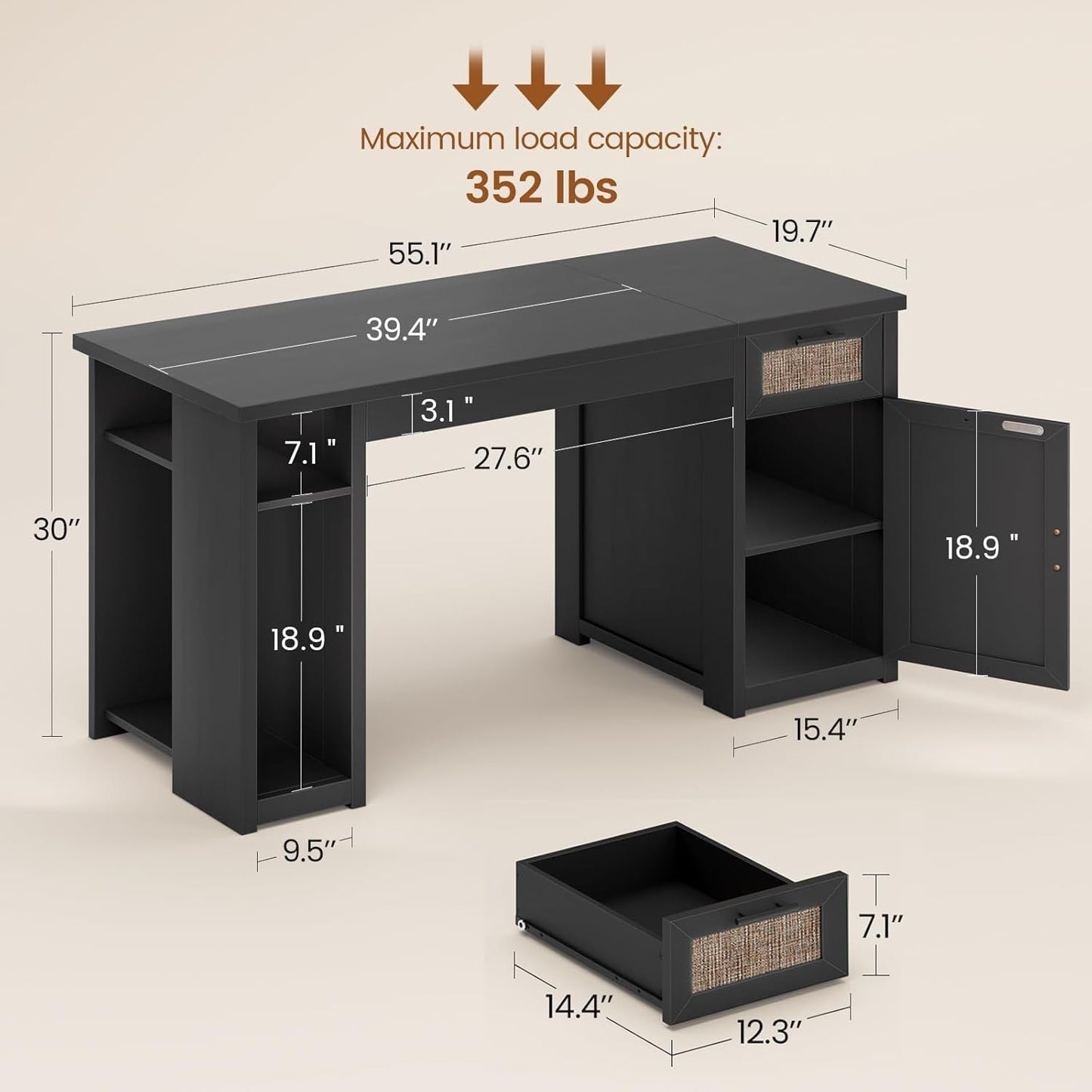 Scrivania direzionale Farmhouse Scrivania per ufficio domestico Cassetto per archivi Supporto per monitor Presa di corrente