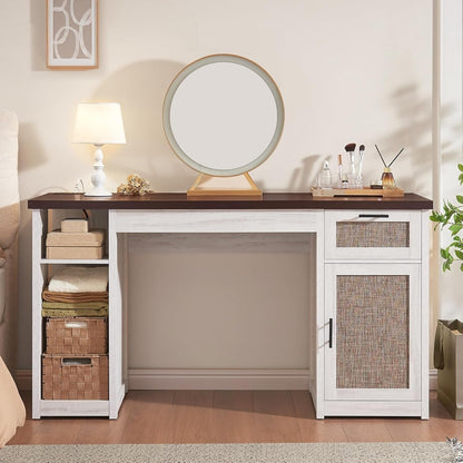 Scrivania direzionale Farmhouse Scrivania per ufficio domestico Cassetto per archivi Supporto per monitor Presa di corrente