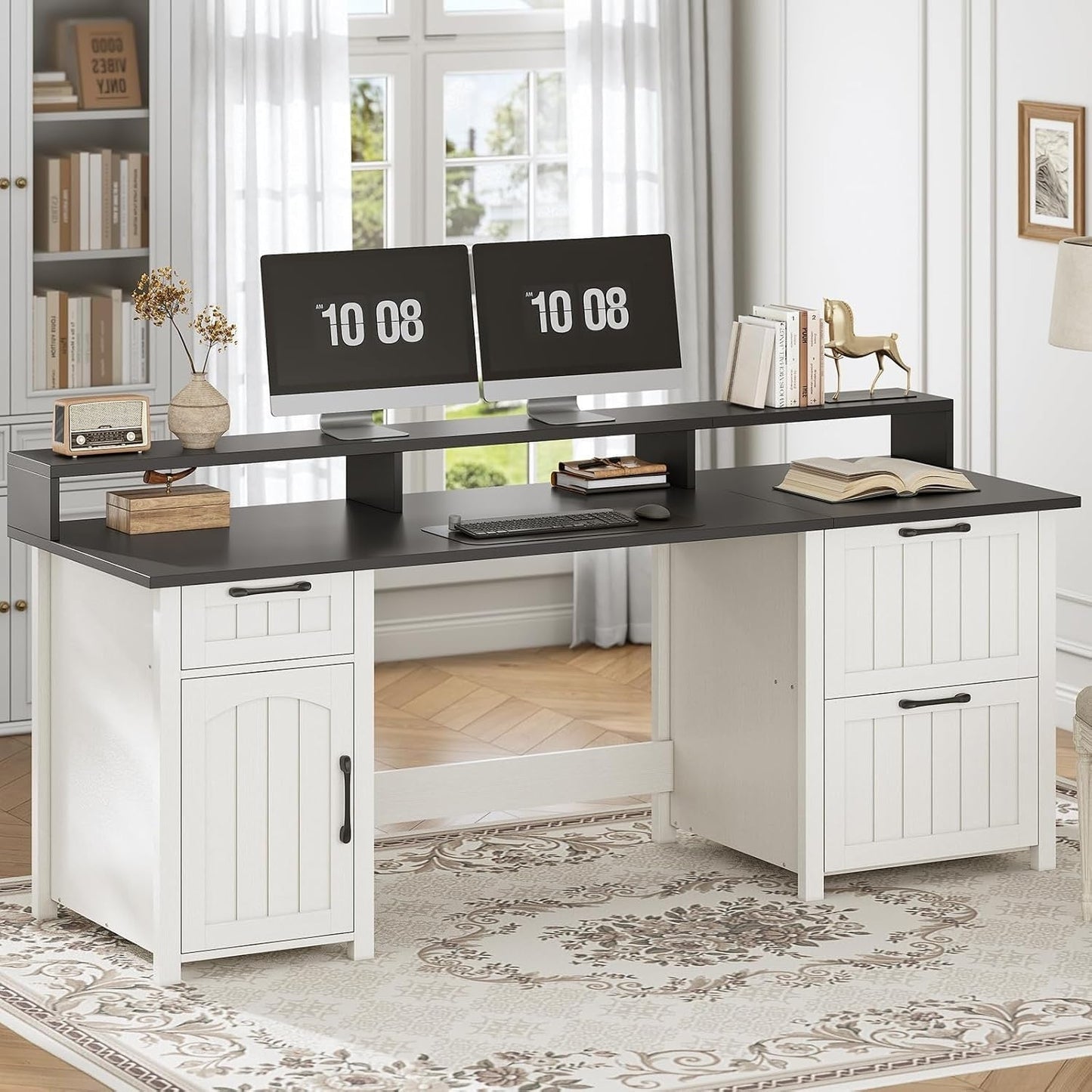 Scrivania direzionale Farmhouse Scrivania per ufficio domestico Cassetto per archivi Supporto per monitor Presa di corrente