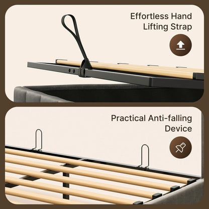 Struttura letto contenitore sollevabile, struttura letto imbottita con sistema di stoccaggio idraulico e testiera