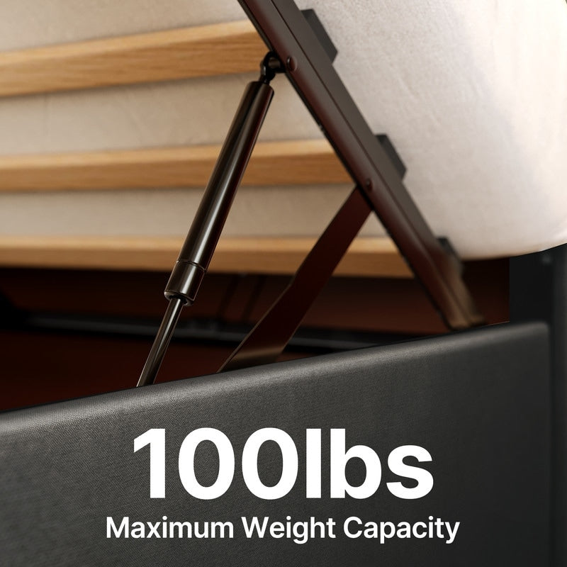 Struttura letto contenitore sollevabile, struttura letto imbottita con sistema di stoccaggio idraulico e testiera