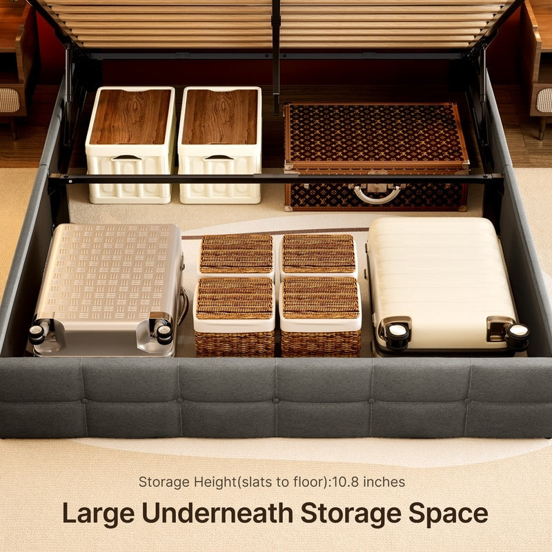 Struttura letto contenitore sollevabile, struttura letto imbottita con sistema di stoccaggio idraulico e testiera