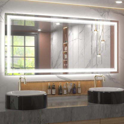 Specchio da bagno a parete in vetro temperato antiappannamento con illuminazione a LED anteriore e posteriore di dimensioni standard