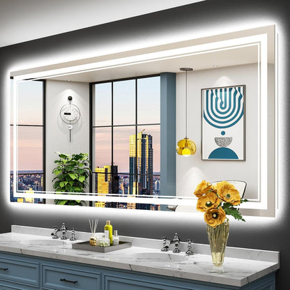 Specchio da bagno a parete in vetro temperato antiappannamento con illuminazione a LED anteriore e posteriore di dimensioni standard