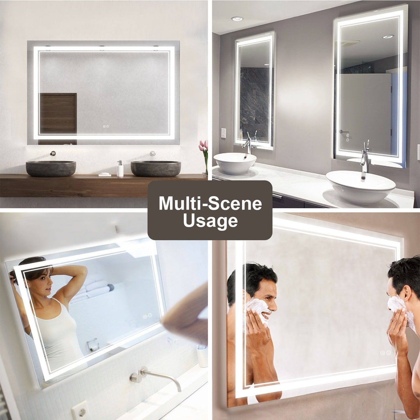 Specchio da bagno a parete in vetro temperato antiappannamento con illuminazione a LED anteriore e posteriore di dimensioni standard