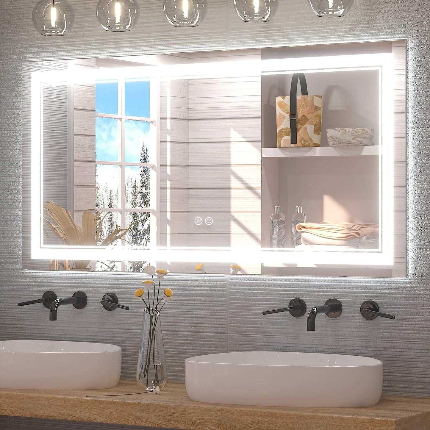 Specchio da bagno a parete in vetro temperato antiappannamento con illuminazione a LED anteriore e posteriore di dimensioni standard
